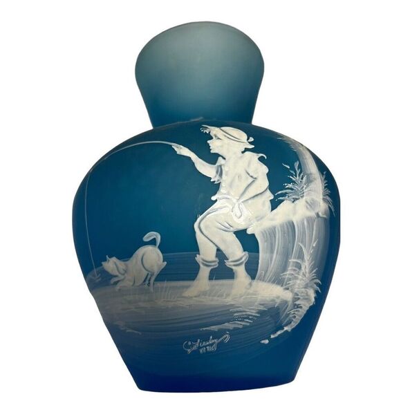 Westmorland Artist Signed 1971- Mary Gregory Vase Boy Fishing Blue Satin 7" tall - Picture 8 of 9